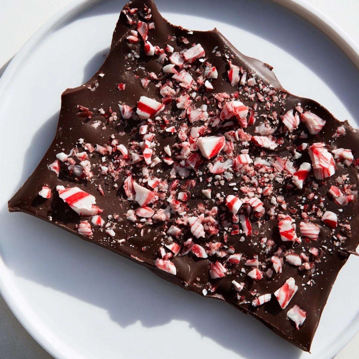 A close-up of finished Dark Chocolate Peppermint Bark; the perfect homemade treat for any occasion.
