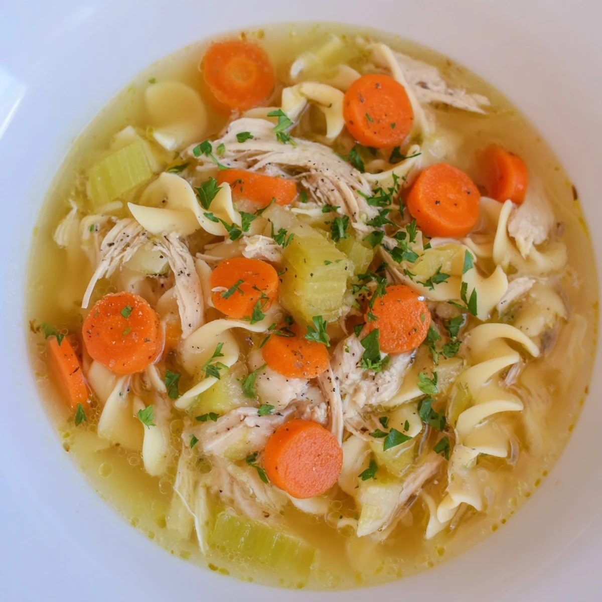 A close-up view of steaming Chicken Noodle Soup showcasing the delicious, comforting bowl.