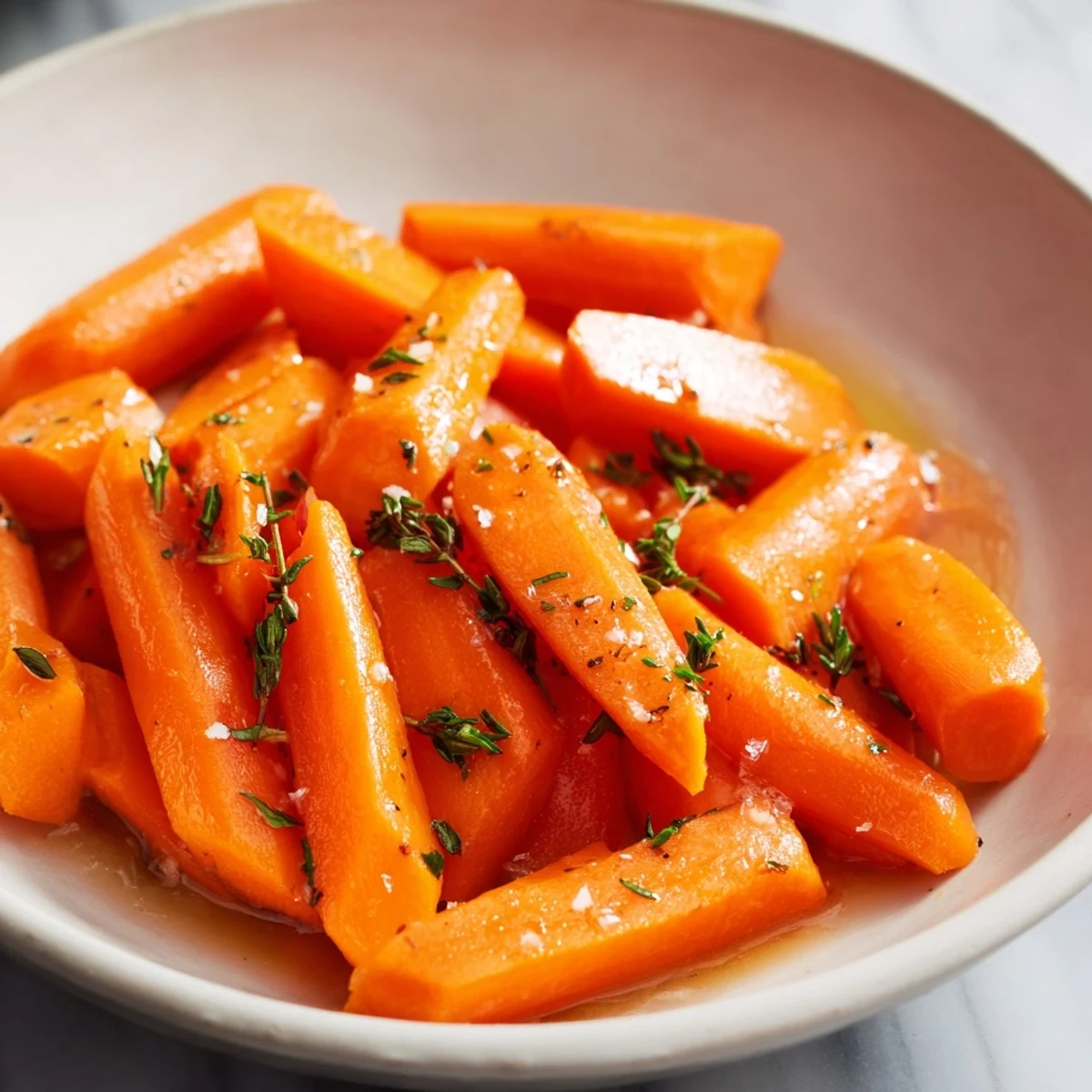 Golden glazed carrots with honey and thyme glistening, perfect for a flavorful side dish.