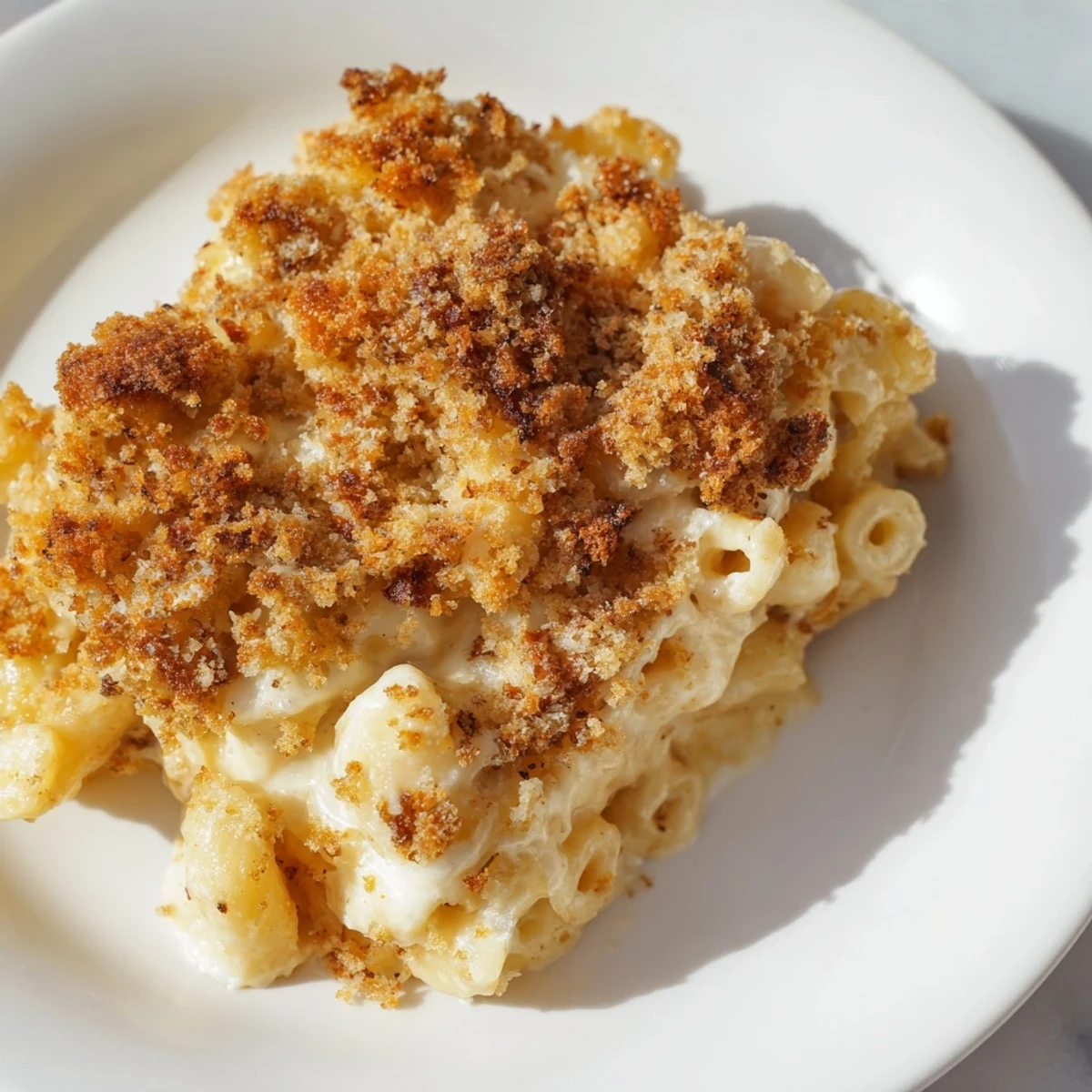 Golden, bubbly baked macaroni and cheese, a comforting classic with a buttery breadcrumb crust.