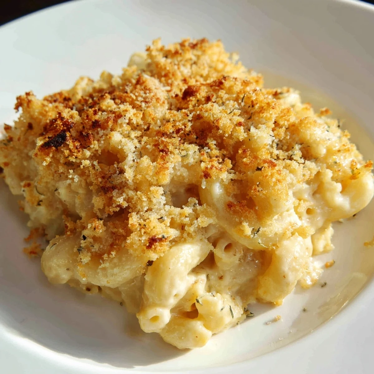 Warm baked macaroni and cheese, creamy sauce coating the pasta, finished with a crispy golden topping.