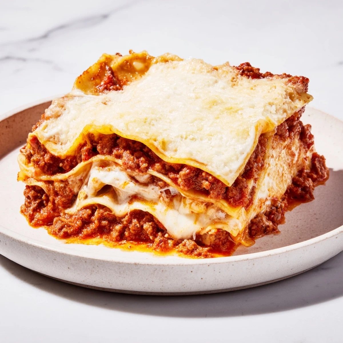 Golden, bubbly Classic Beef Lasagna, showing layers of rich meat sauce and creamy cheese.