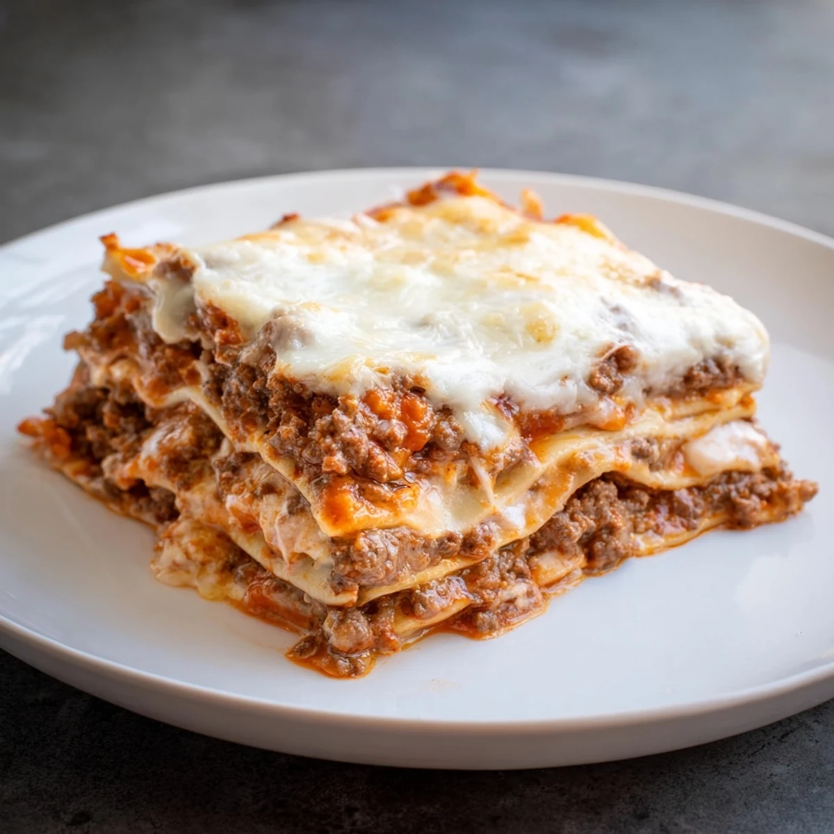 A close up of freshly baked Classic Beef Lasagna, with visible, layered textures and melted cheese.