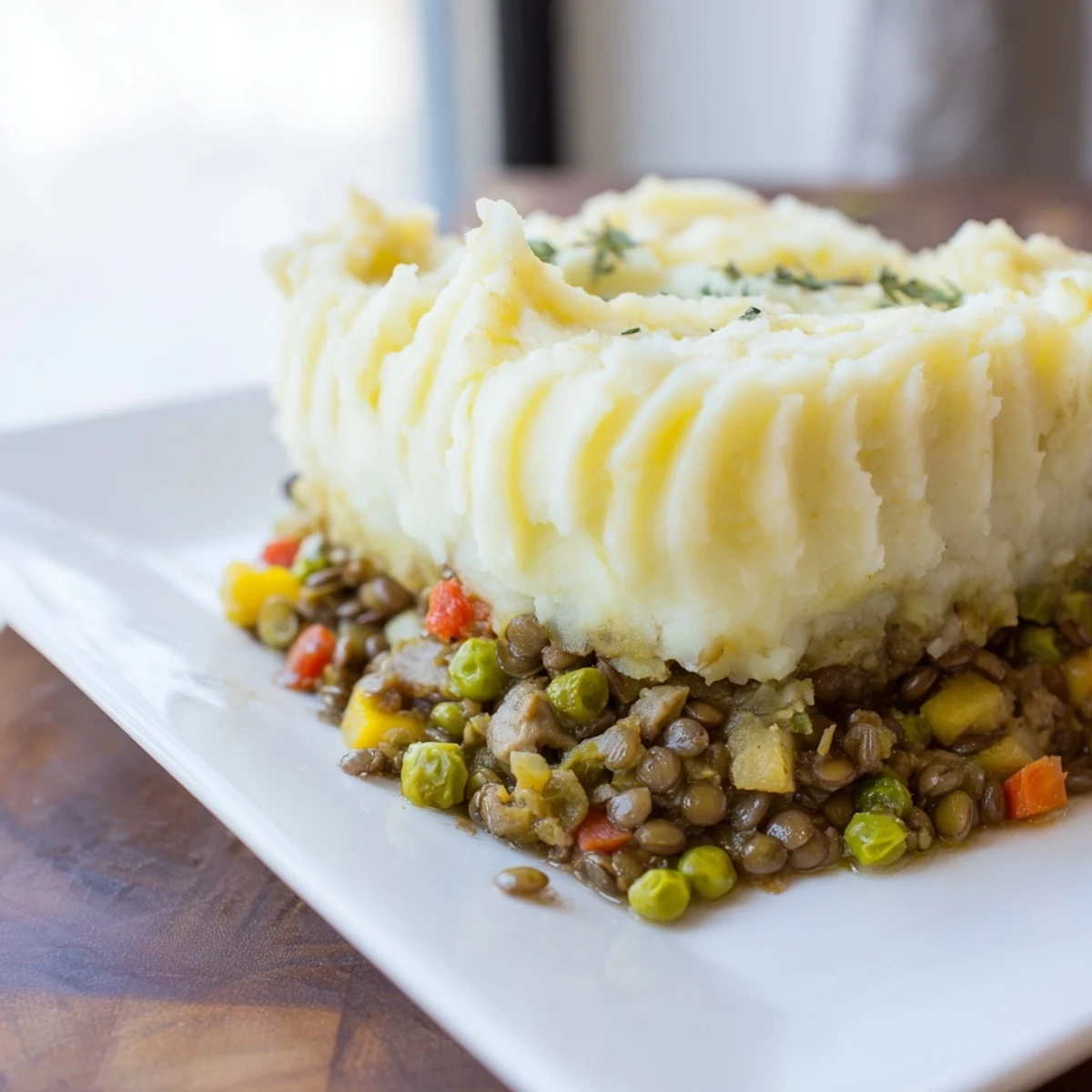 A warmly lit photo of Savory Lentil Shepherd's Pie with perfectly browned mashed potatoes.