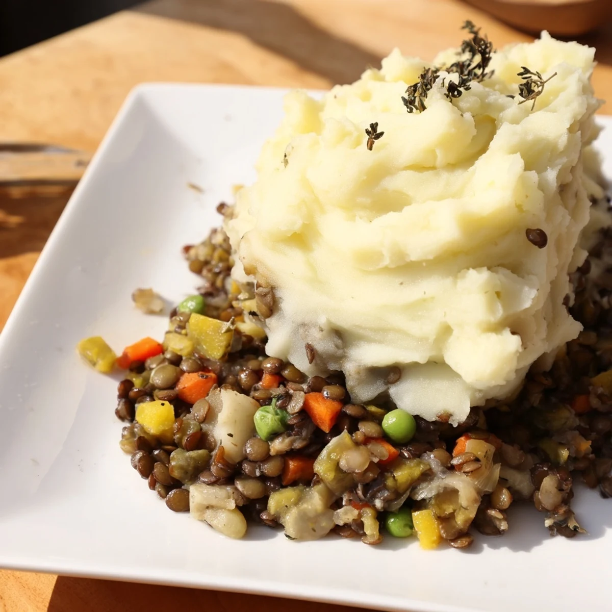 Steaming Savory Lentil Shepherd's Pie bubbling in a baking dish, ready to serve with a side salad.