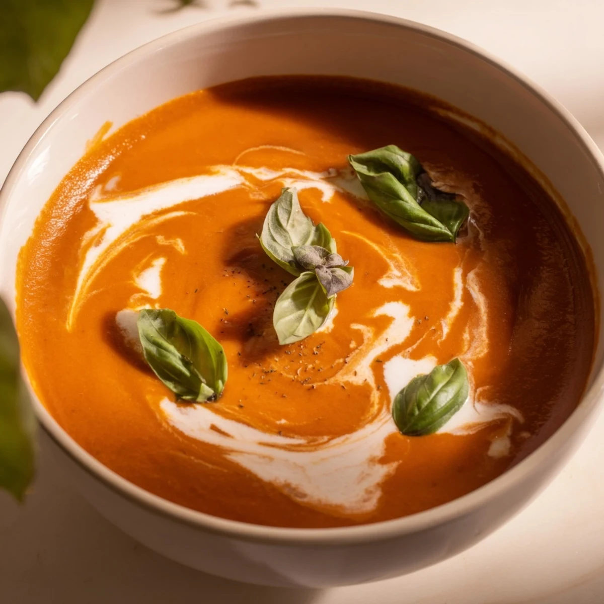 A steaming bowl of Creamy Tomato Basil Bisque, ready to serve with crusty bread.