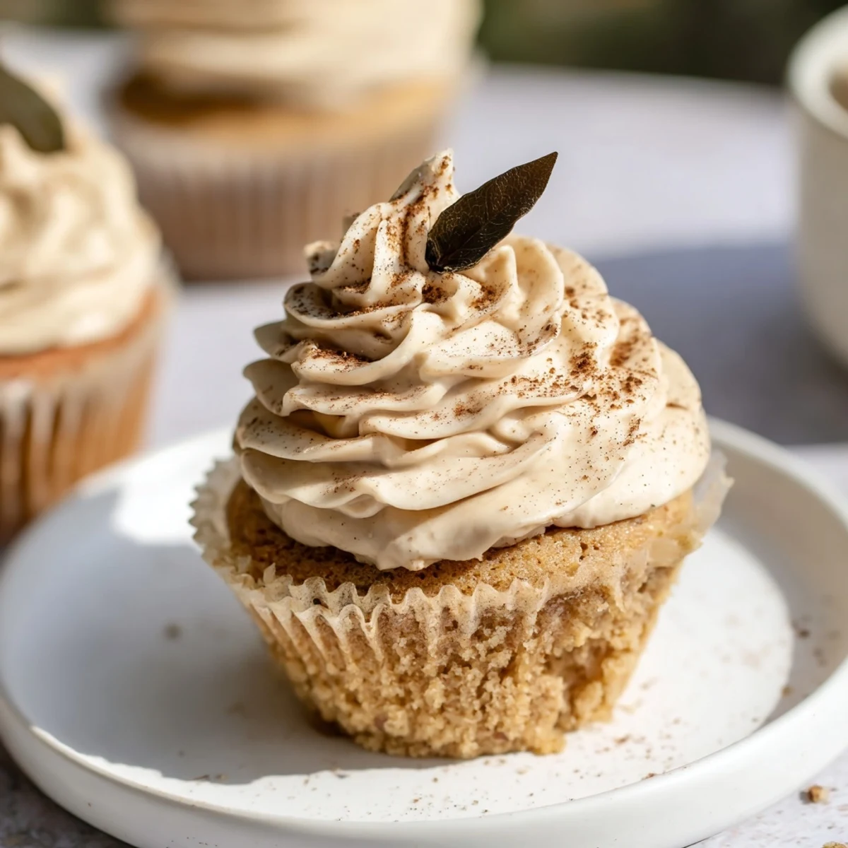 A close-up of delicious Spiced Chai Latte Cupcakes with creamy frosting and a hint of spice aroma.
