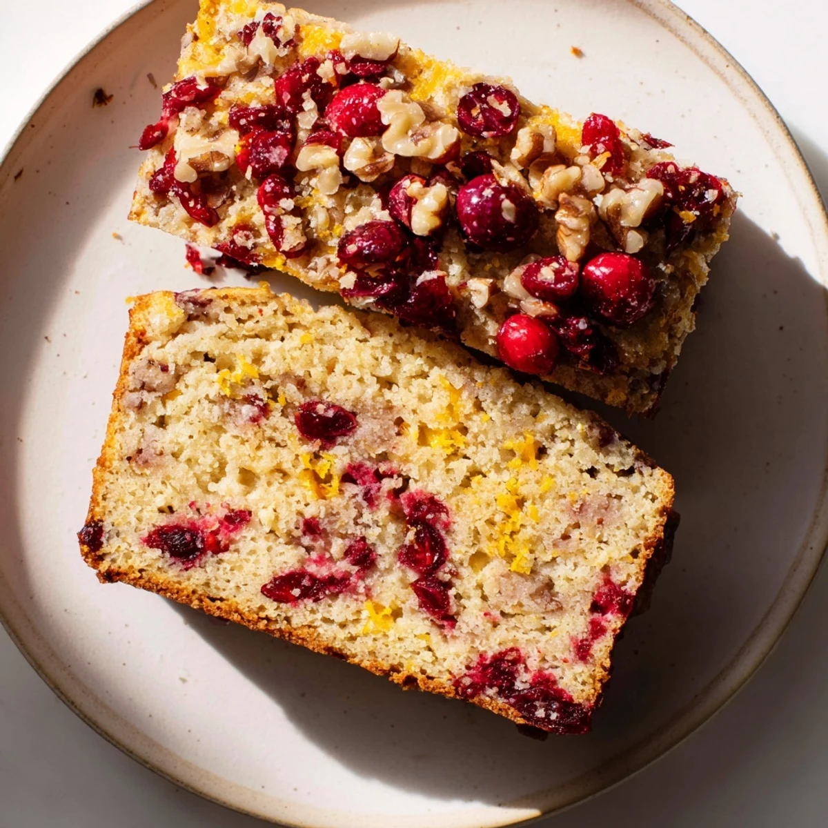 A warm slice of Cranberry Bread, showcasing the bright red cranberries and golden crumb.