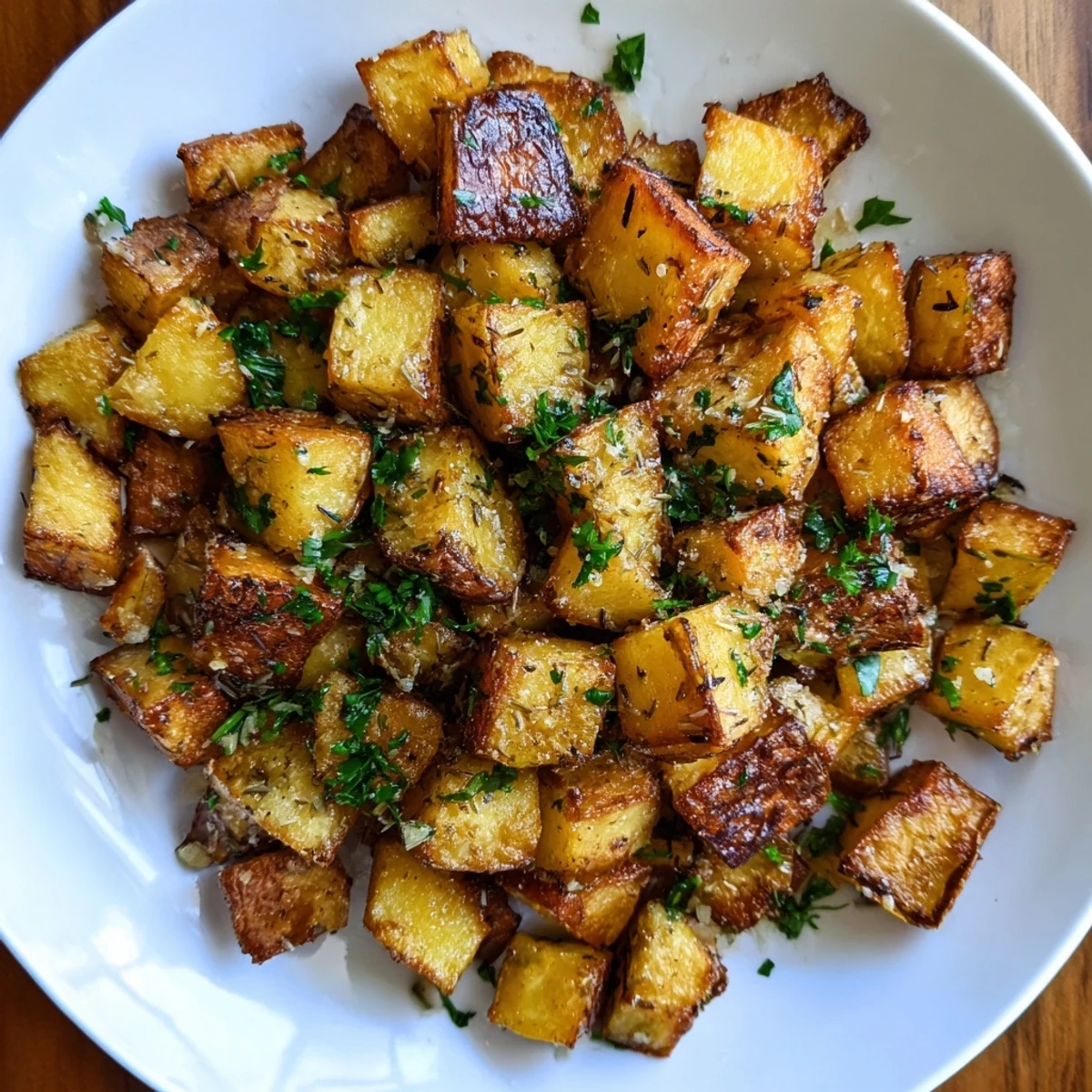 A close-up of delicious roasted potatoes, sizzling with flavorful garlic and olive oil.