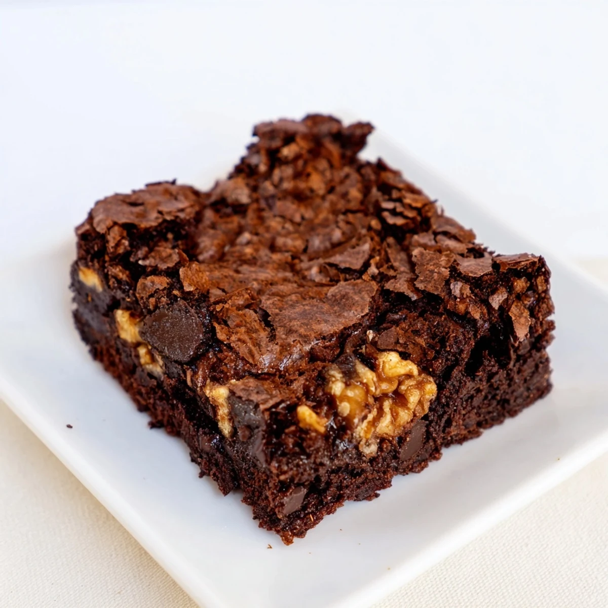 Freshly baked chocolate brownie, showing a gooey, dark center with delicious chocolate chips.