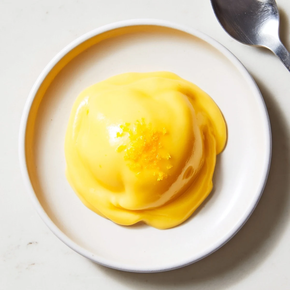 Bright yellow lemon curd glistening in a glass jar, ready to be used in desserts.