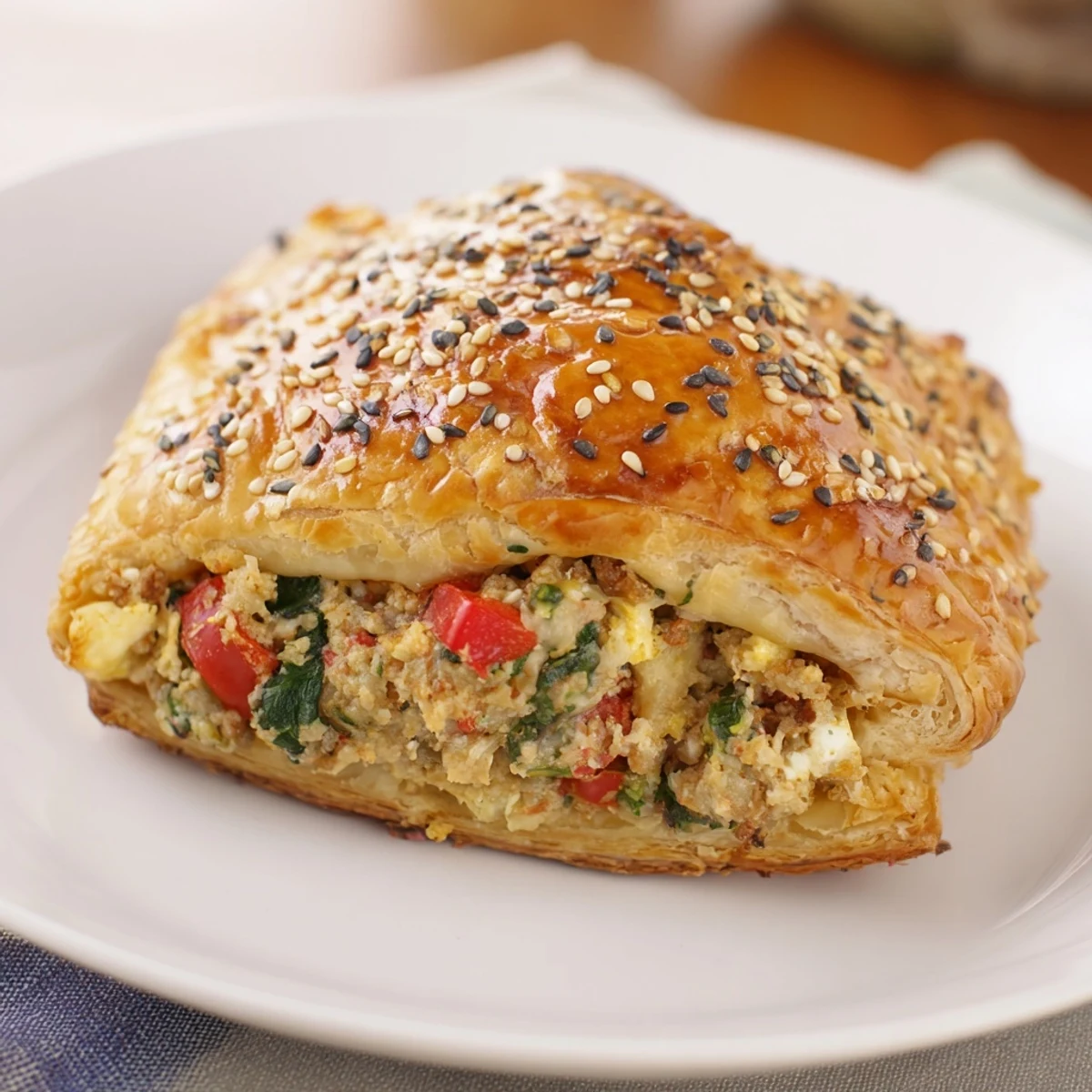 Golden-brown savory pastry, filled with creamy cheese and herbs, ready to serve as a warm appetizer.