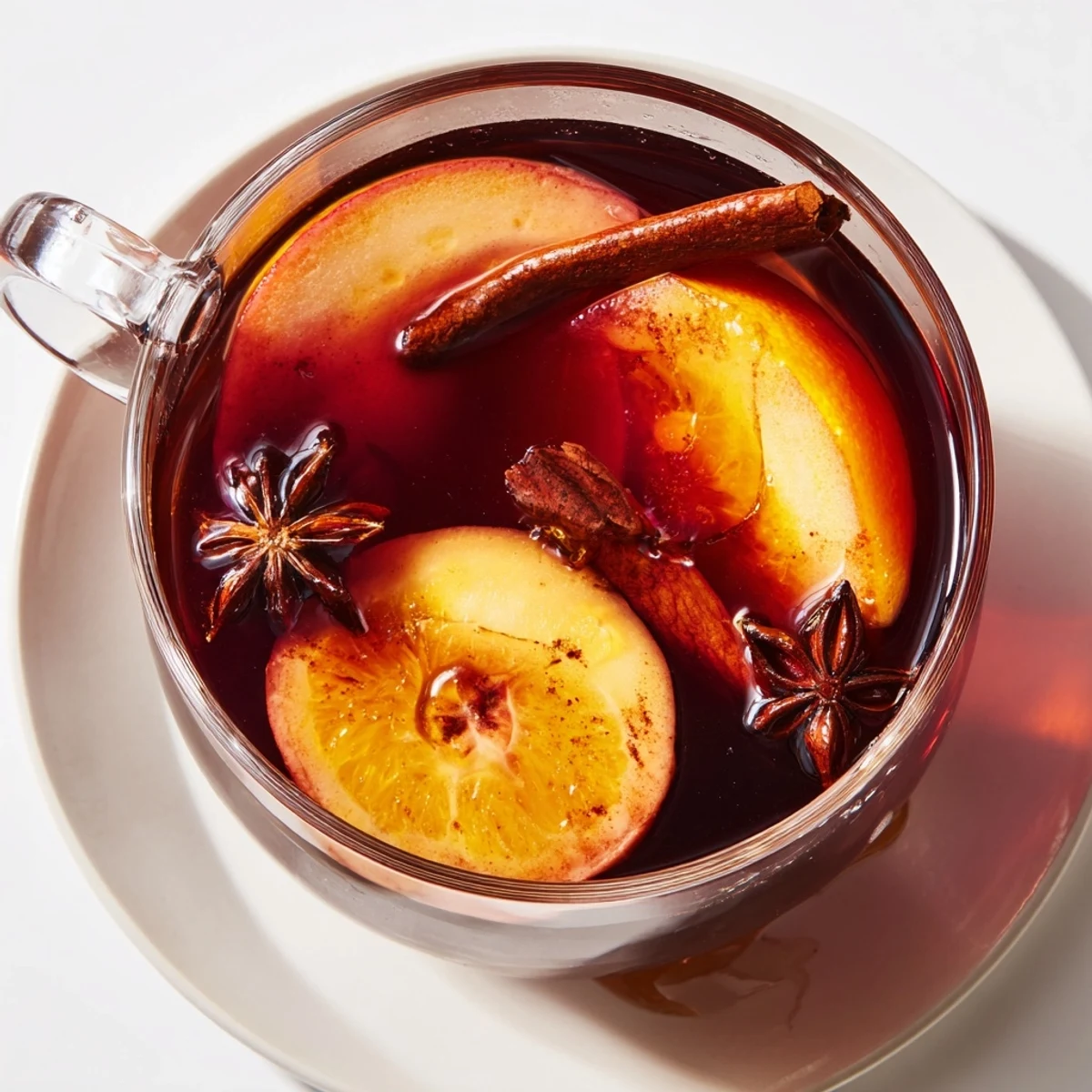 Steaming spiced punch, a ruby-red beverage, garnished with citrus and cinnamon, inviting aromas.