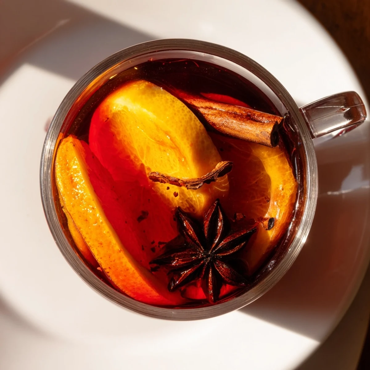 A close-up of a vibrant spiced punch, perfect for fall, garnished with orange slices and star anise.