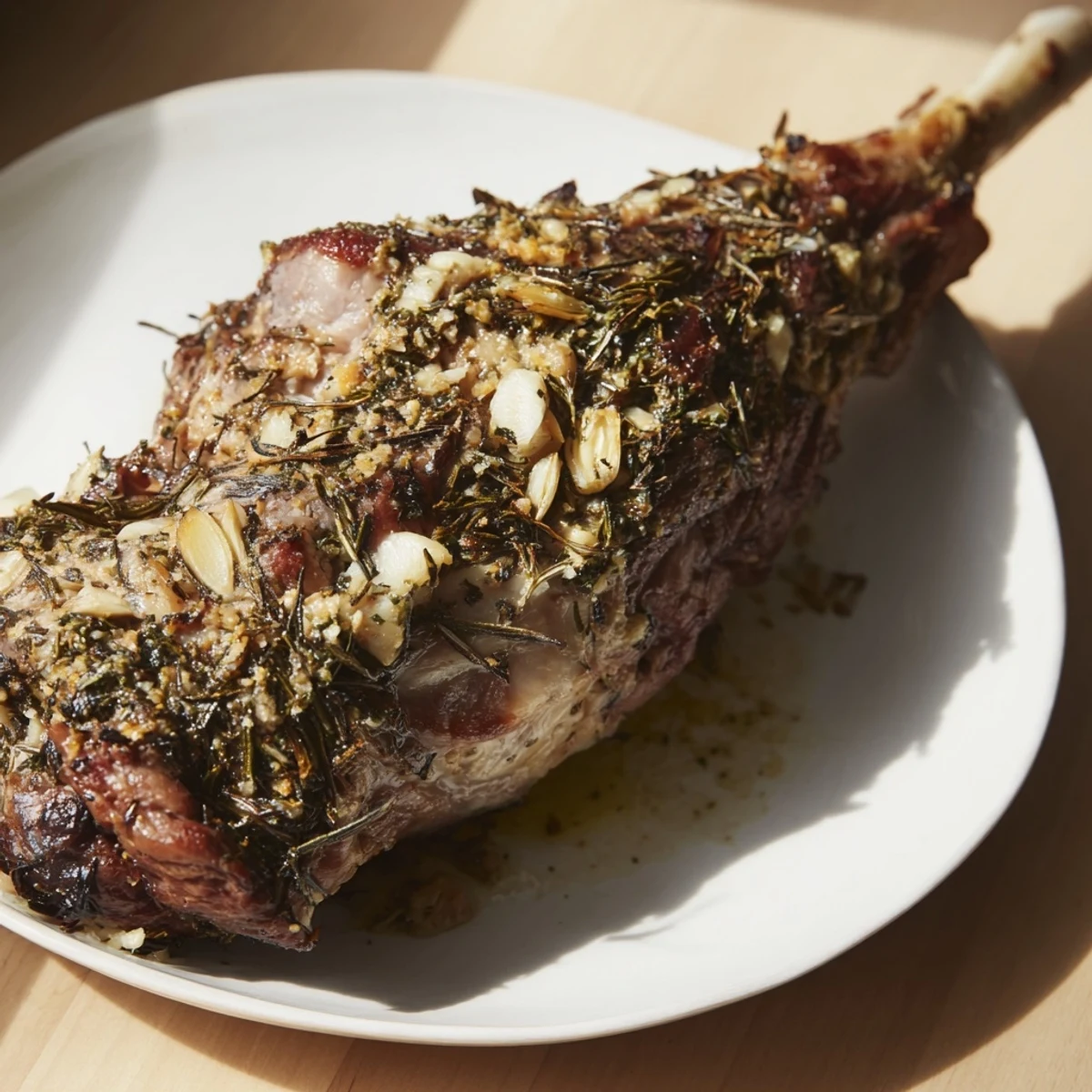 Slow roasted leg of lamb glistens, showcasing tender meat and crispy edges, ready for serving.