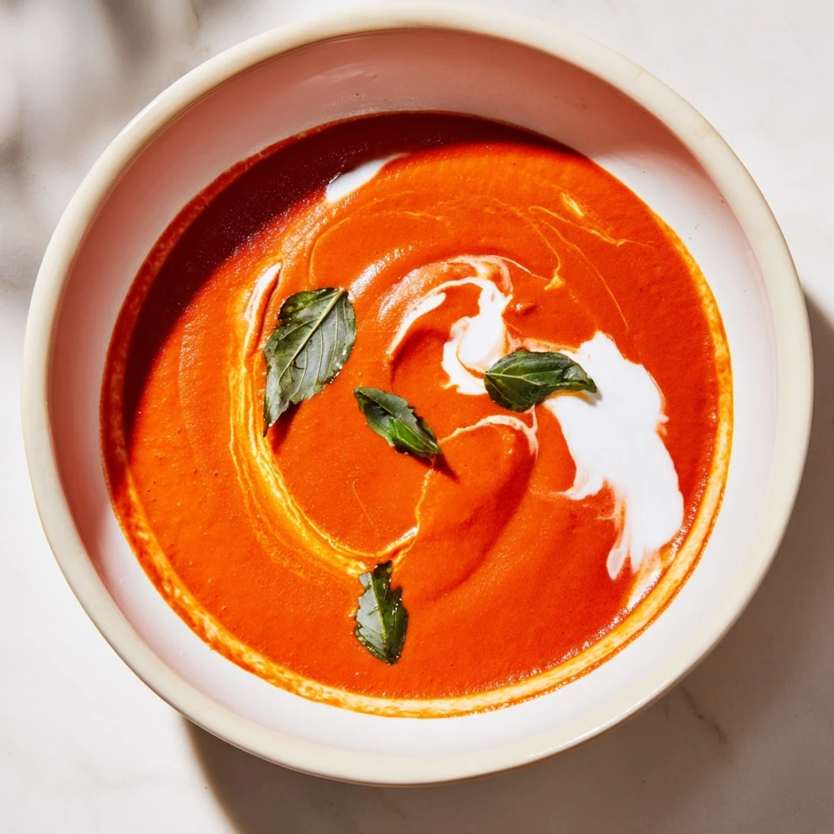 A steaming bowl of Creamy Tomato Bisque with Basil, garnished with fresh green basil leaves.