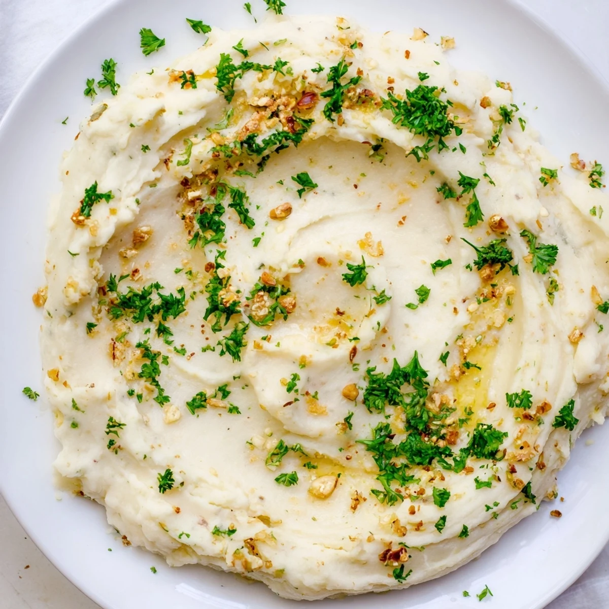 Fluffy Garlic Parmesan Mashed Potatoes, perfect for Thanksgiving, are served warm in a bowl.