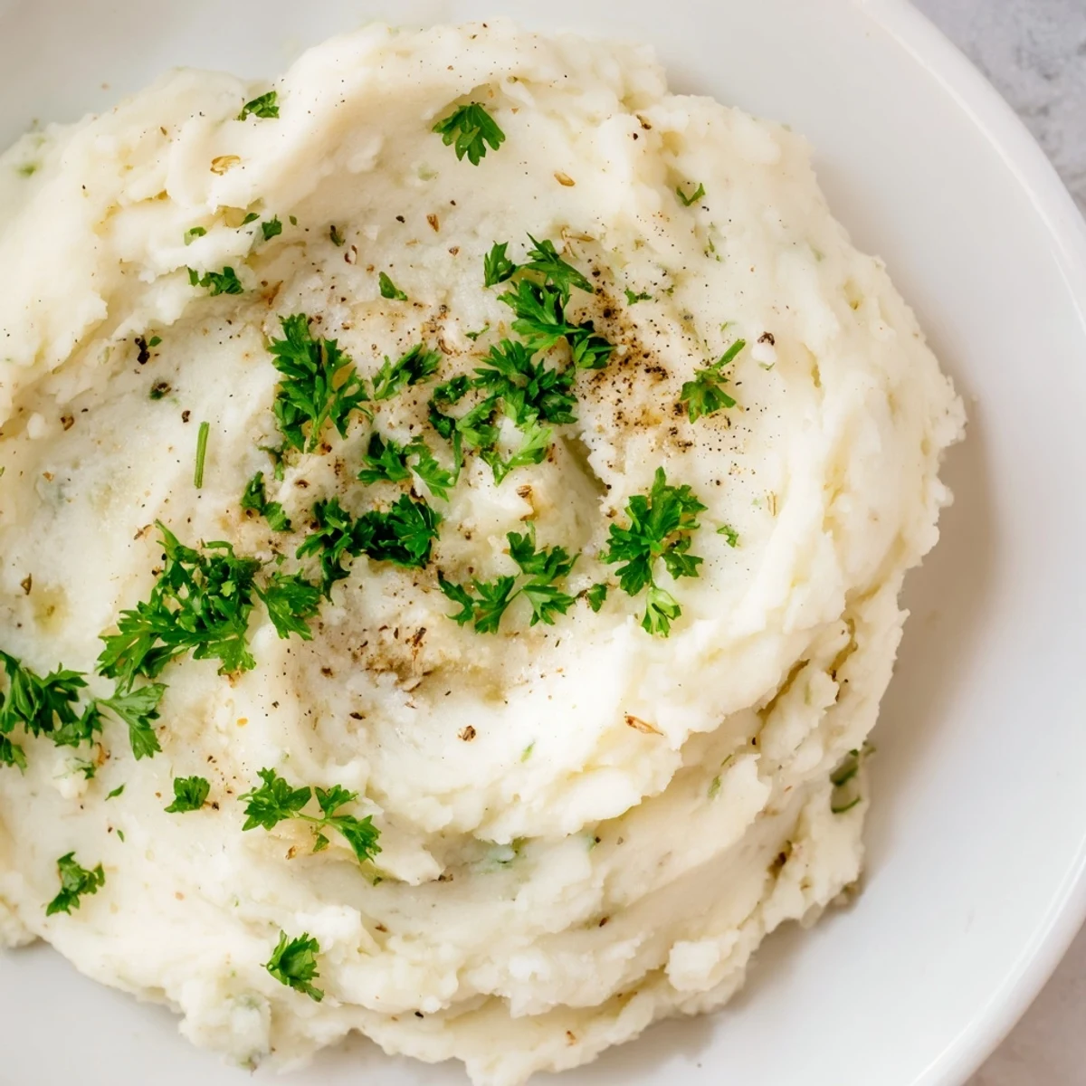 A close-up of creamy Garlic Parmesan Mashed Potatoes showing the texture and Parmesan flakes.