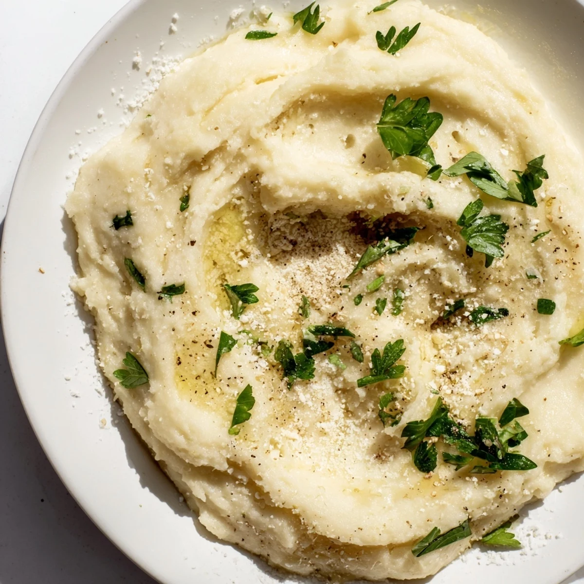Delicious homemade Garlic Parmesan Mashed Potatoes, a flavorful side dish, ready to eat.