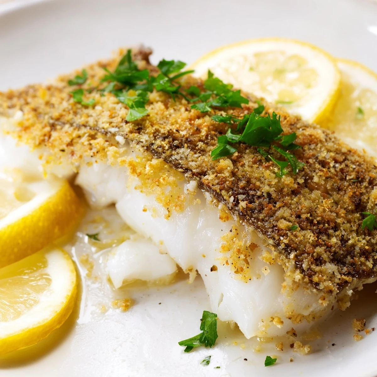 Golden, crispy-skinned Baked Cod with Lemon, perfectly plated, a refreshing and flavorful seafood dinner.