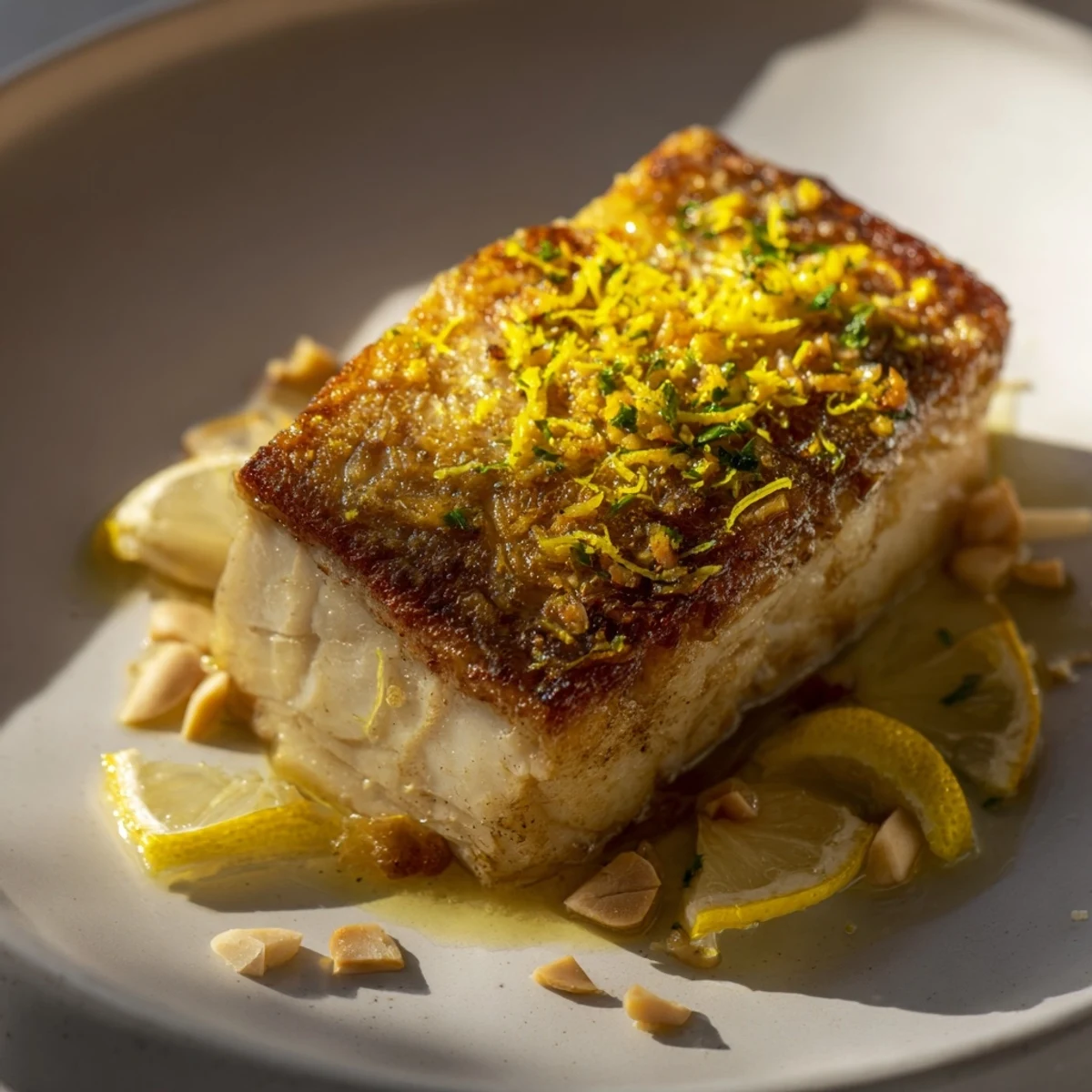 A close-up of flaky, perfectly cooked Crispy Skin Baked Cod, drizzled with lemon juice and garnished with herbs.