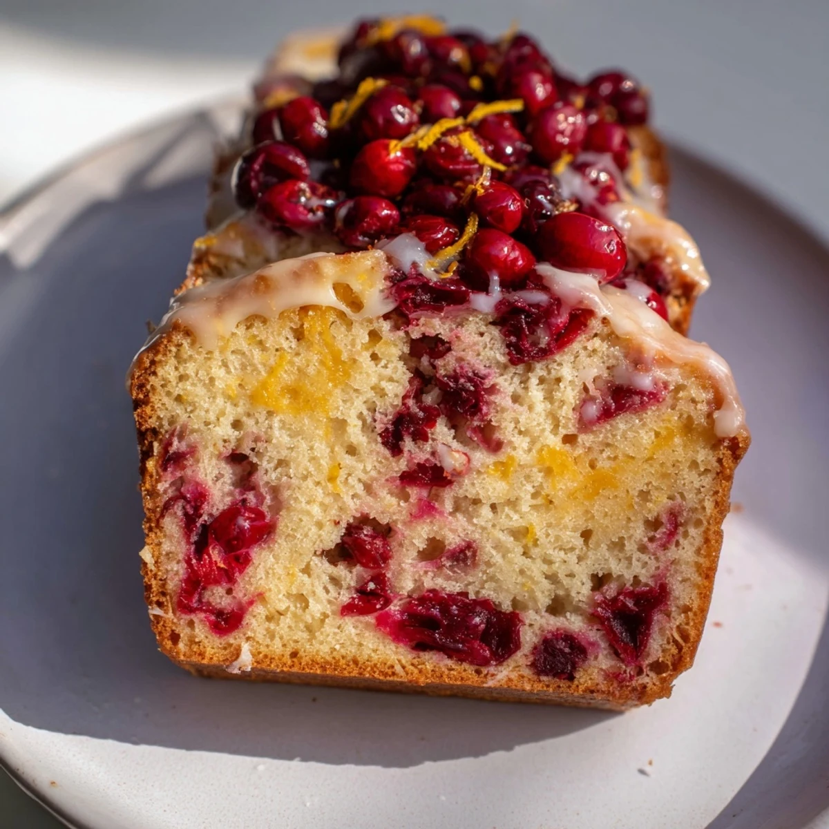 Moist Cranberry Orange Loaf Cake slice, showing juicy cranberries, perfect with morning coffee and a glaze.