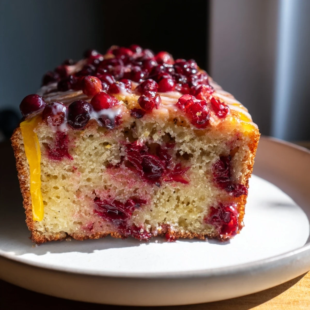 A freshly baked Cranberry Orange Loaf Cake, glistening with a simple glaze and vibrant orange zest.