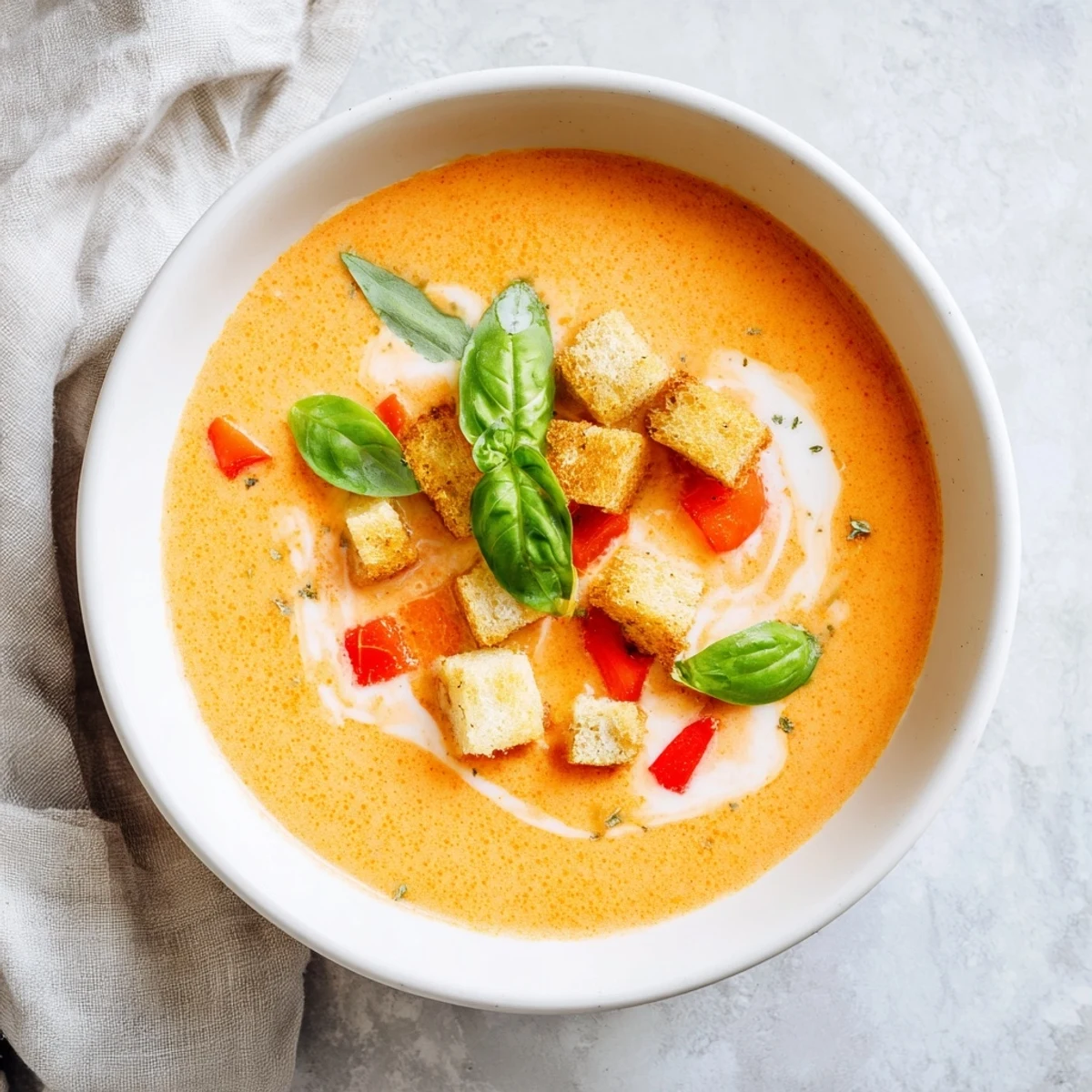 Vibrant image shows the thick, velvety texture of creamy tomato and roasted red pepper soup.