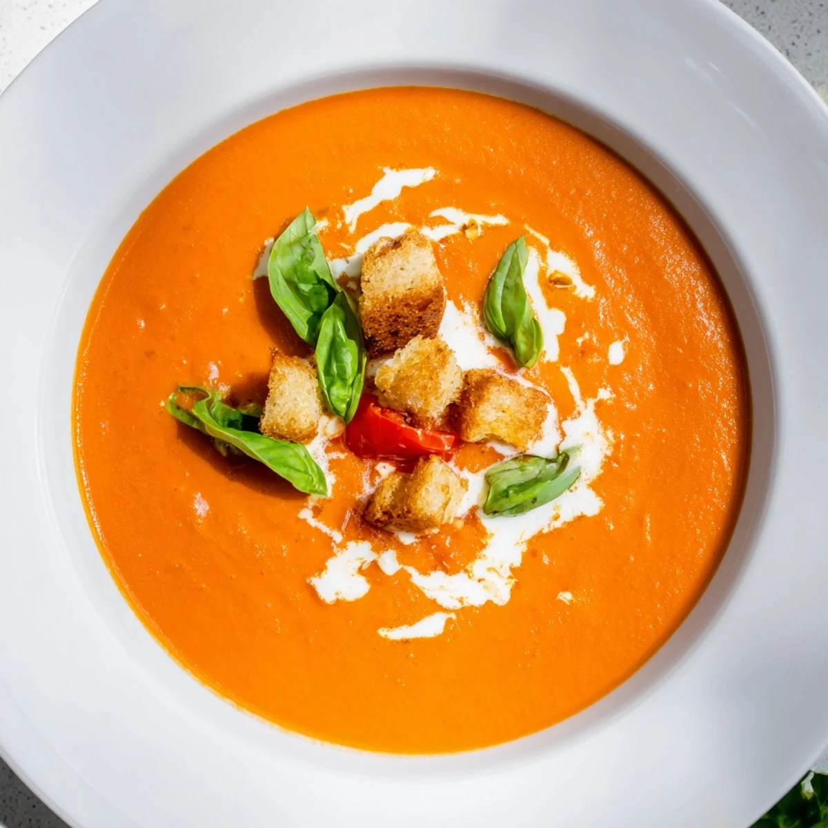 A bowl of creamy tomato and roasted red pepper soup, garnished with fresh basil.