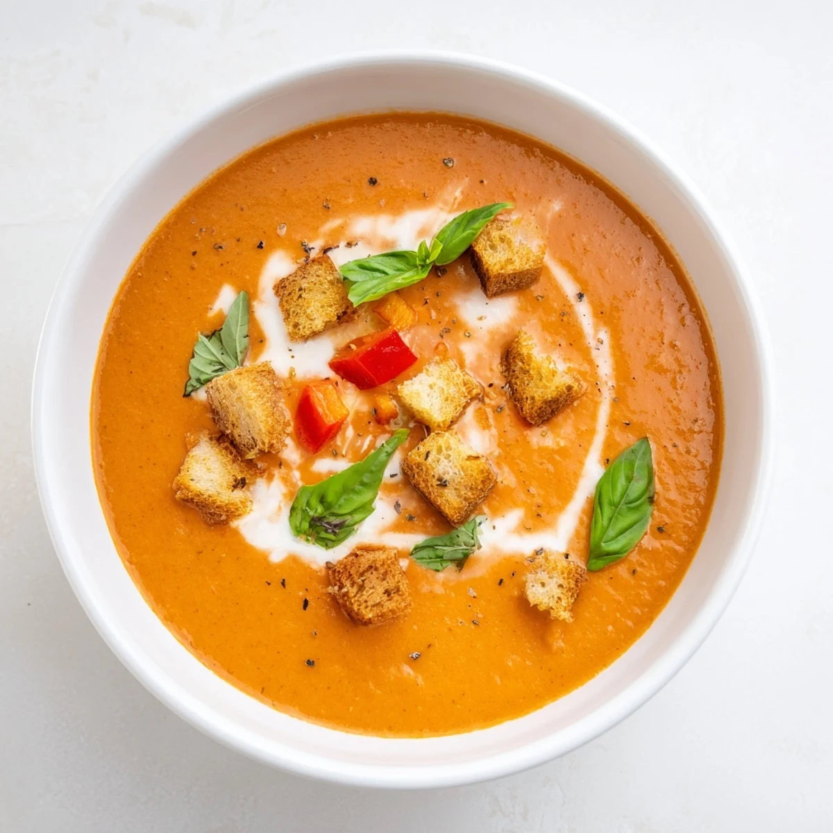 Enjoy a warm bowl of creamy tomato and roasted red pepper soup with grilled cheese.