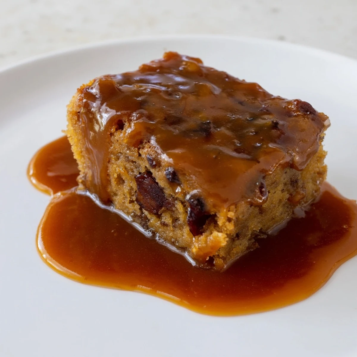 Warm Sticky Toffee Pudding drizzled with decadent sauce, ready for serving with whipped cream.