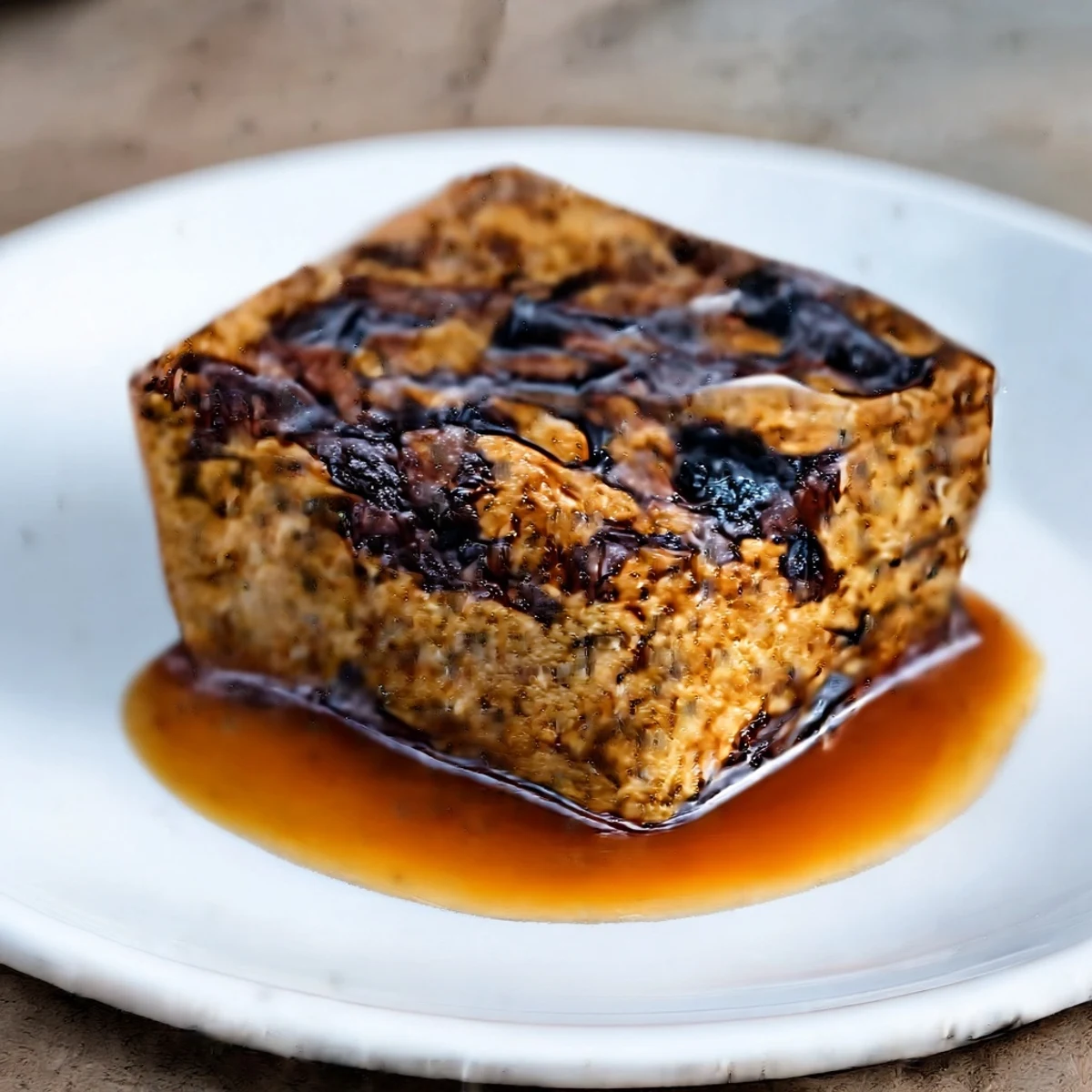 A close-up of a moist slice of Sticky Toffee Pudding, oozing with rich, brown toffee.
