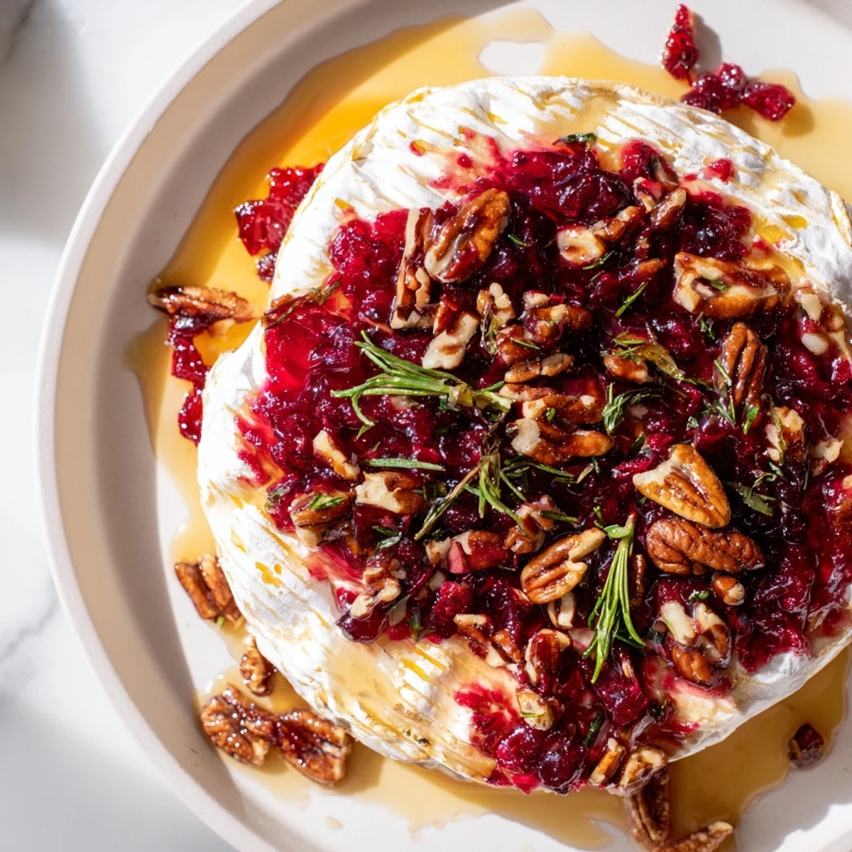 Warm, melted Baked Brie glistening with cranberry jam, served with a spread of crackers.