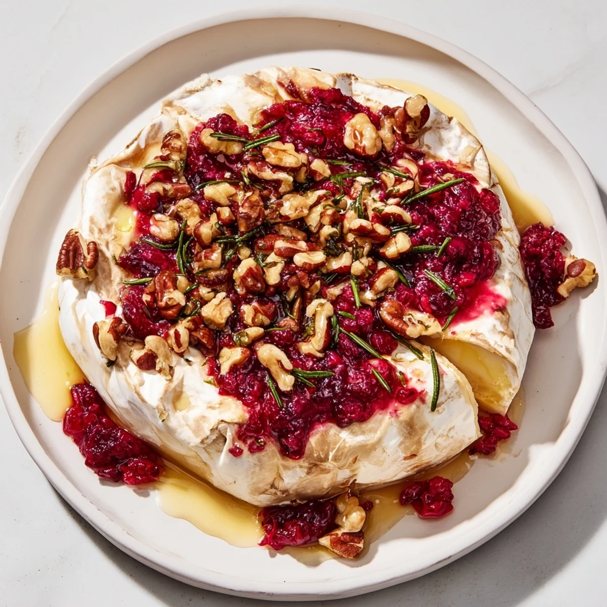 Creamy, bubbling Baked Brie, topped with festive cranberry jam, ready for guests to enjoy.