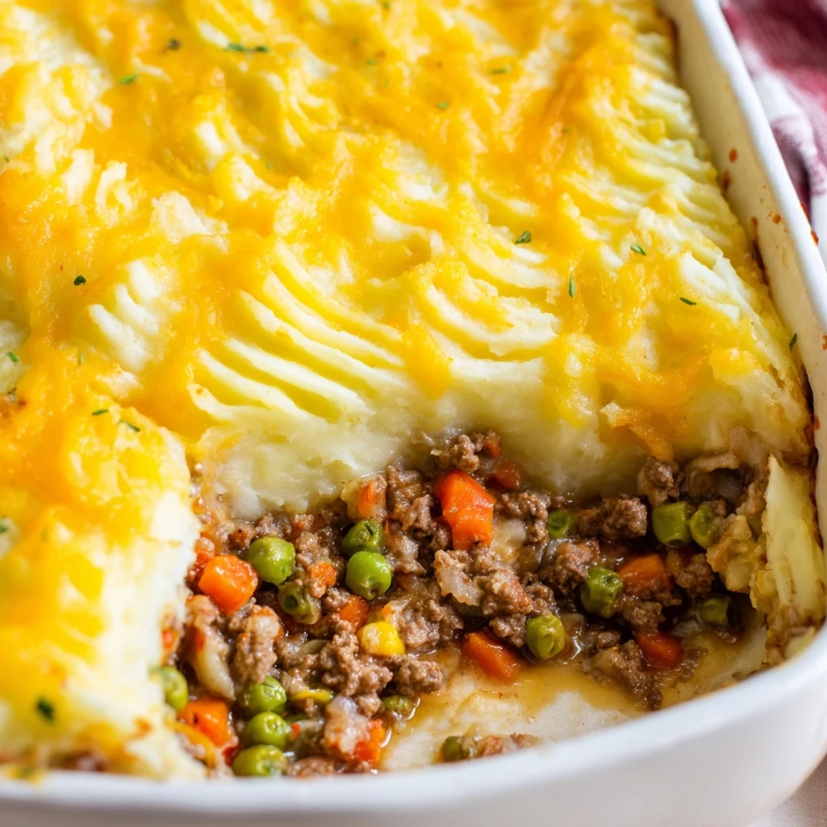 A close-up of a flavorful, savory Beef Shepherd's Pie overflowing in a baking dish.