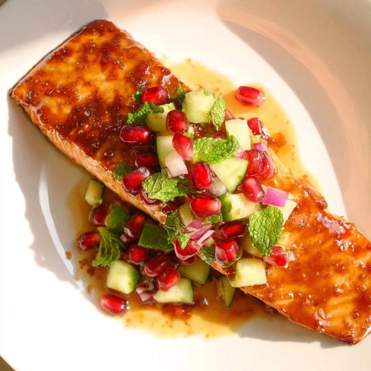 Beautifully glazed salmon with vibrant pomegranate salsa, perfect for a fresh and flavorful dinner.