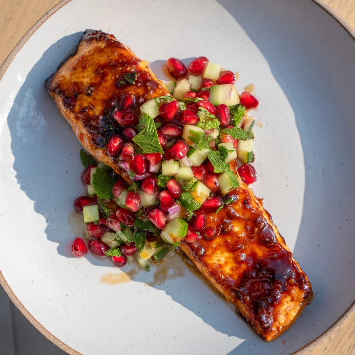 Golden and glistening glazed salmon topped with a bright mix of pomegranate salsa, ready to eat.