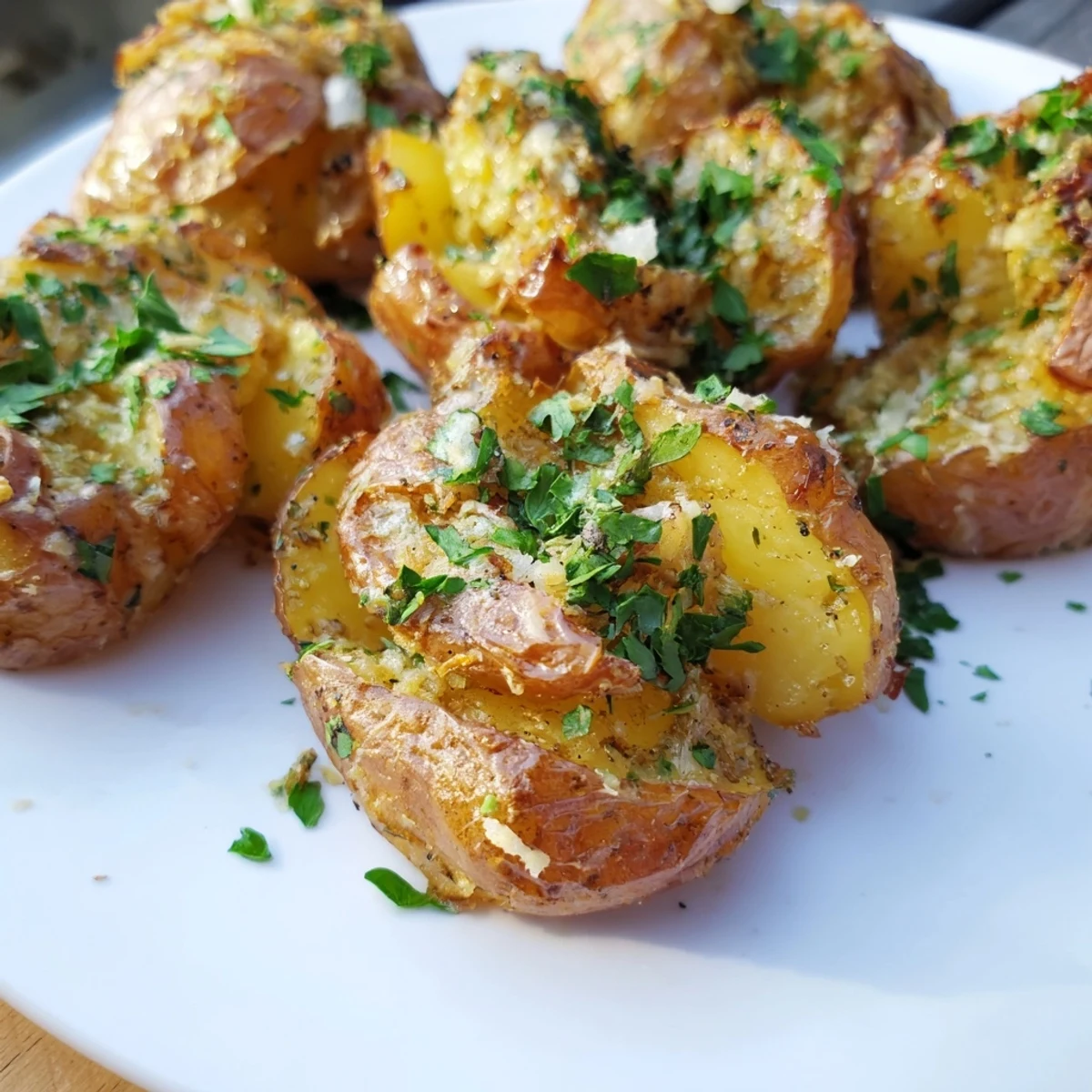 Golden brown Garlic Parmesan Smashed Potatoes, crispy edges, perfect for a family dinner side.