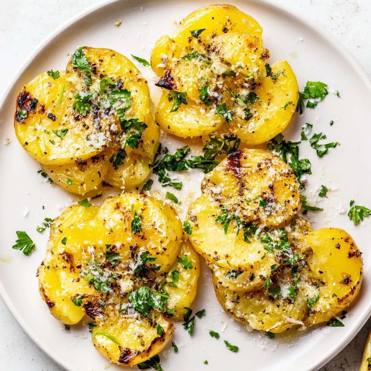 A close-up of crispy Garlic Parmesan Smashed Potatoes, showing fluffy interiors and savory cheese.
