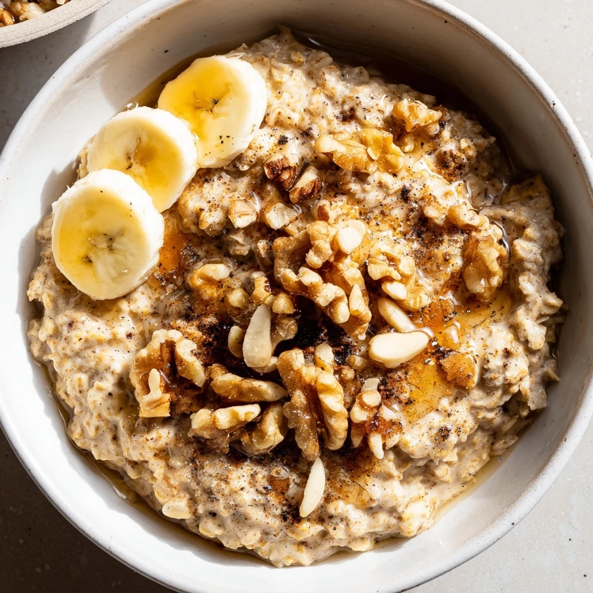 Inviting closeup of warm chai spice oatmeal, featuring cozy spices and appealing textures.