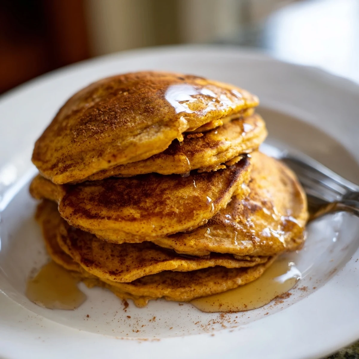 Golden-brown Spiced Pumpkin Pancakes drizzled with maple syrup, a perfect autumn breakfast treat.