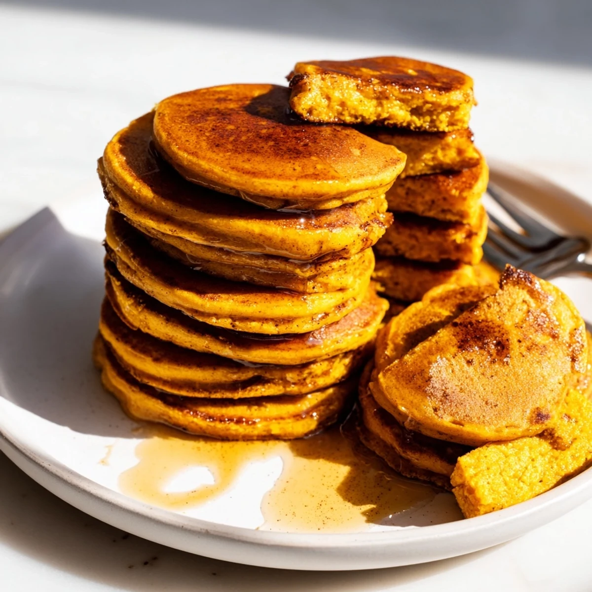 Stack of fluffy Spiced Pumpkin Pancakes with visible spices, ideal for a cozy weekend brunch.
