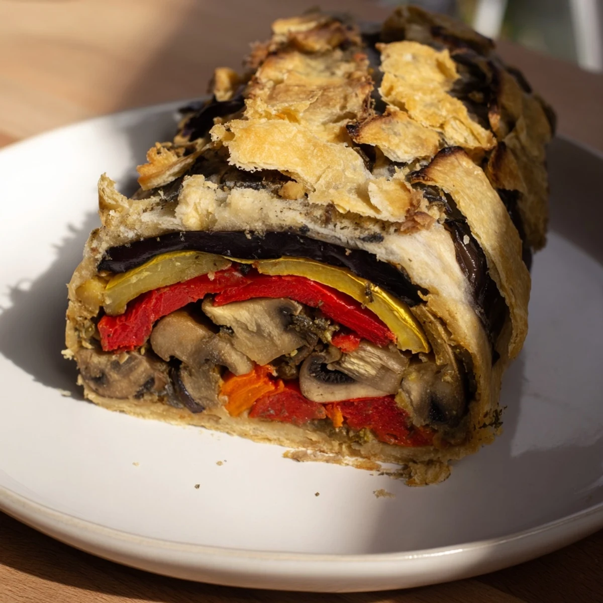 Golden-brown Roasted Vegetable Wellington, flaky pastry encasing savory roasted vegetables and creamy goat cheese filling.