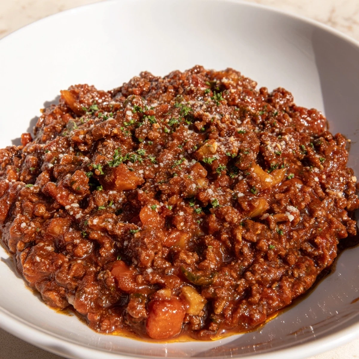 A steaming bowl of Beef Bolognese Sauce, rich with tomatoes and herbs, ready for pasta.