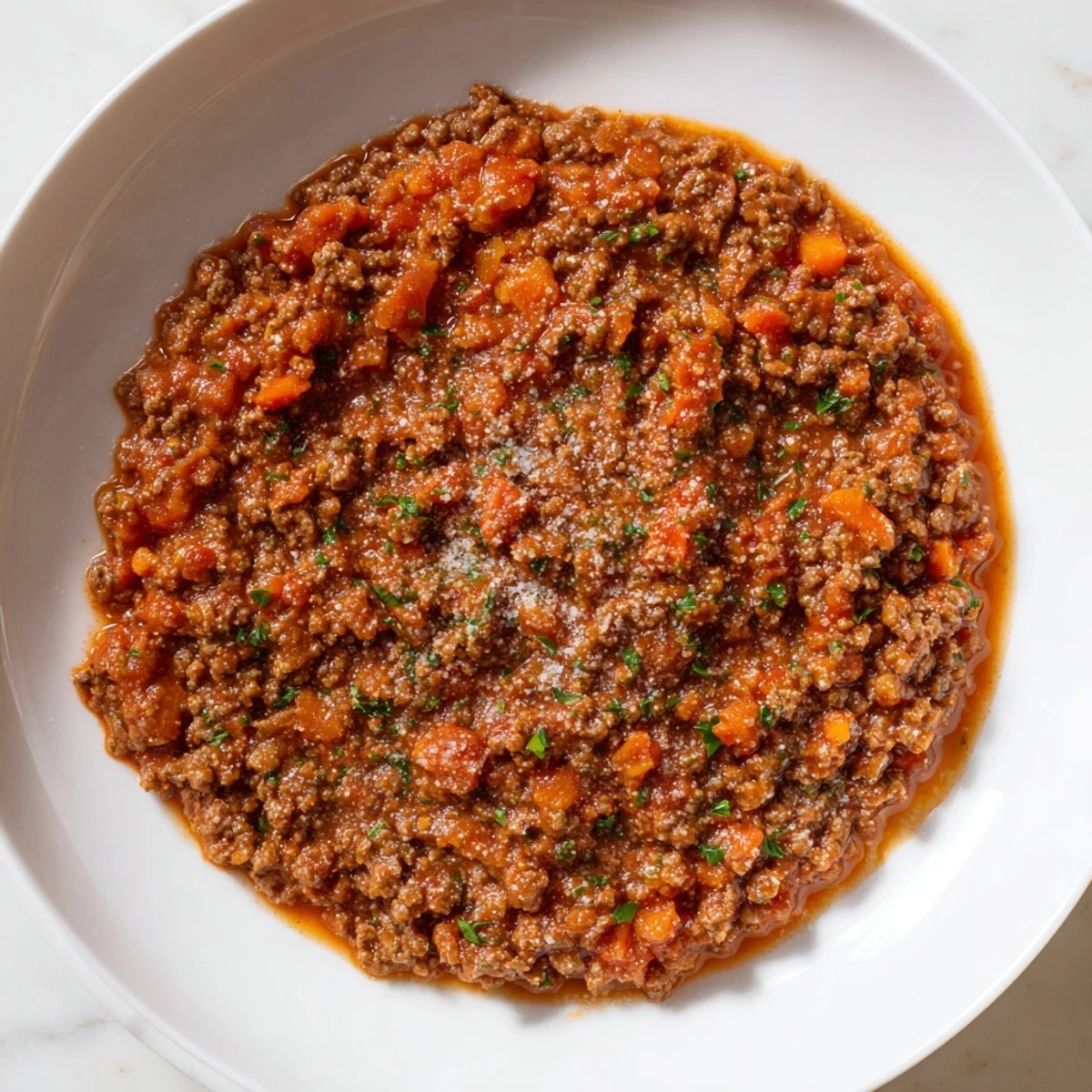 Earthy, rustic Beef Bolognese Sauce, showcasing tender meat and a hearty, flavorful tomato base.