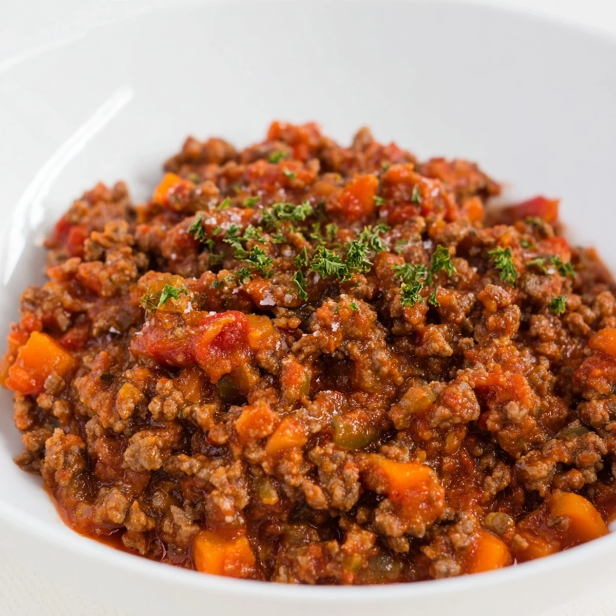 Freshly garnished Beef Bolognese Sauce, a flavorful Italian meat sauce, perfect for a cozy dinner.