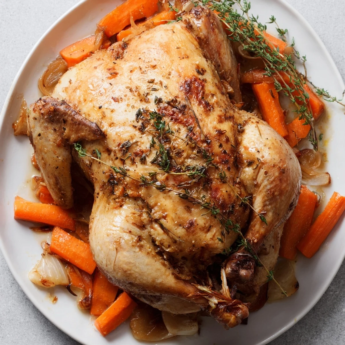 Golden-brown Roasted Chicken with Thyme, beautifully presented with roasted vegetables, ready to serve.