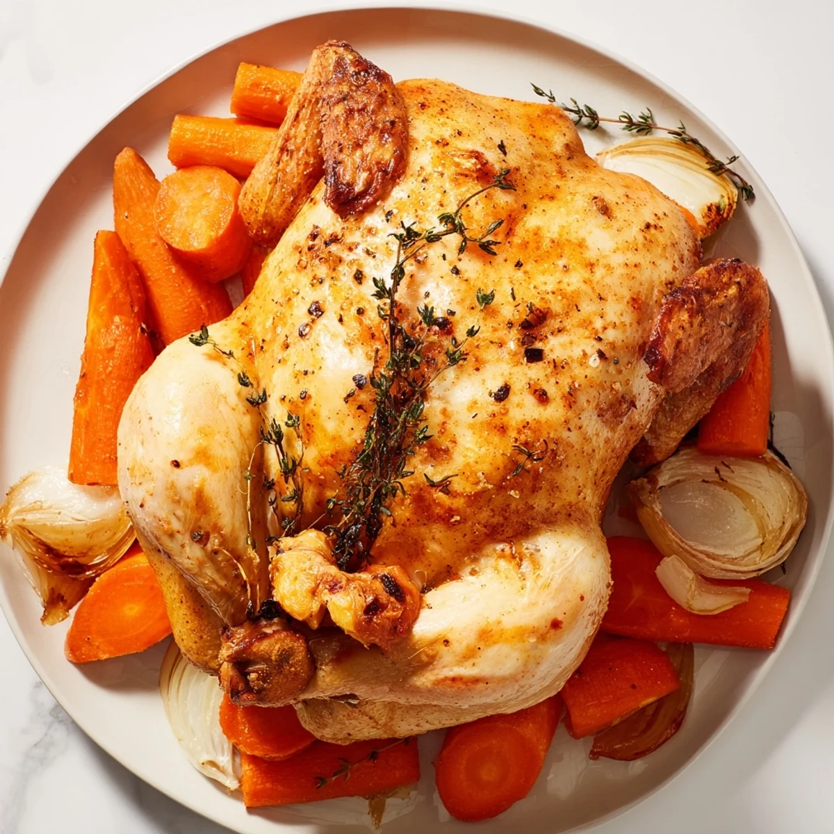 Aromatic Roasted Chicken with Thyme, exhibiting crispy skin and tender meat, cooked to perfection.
