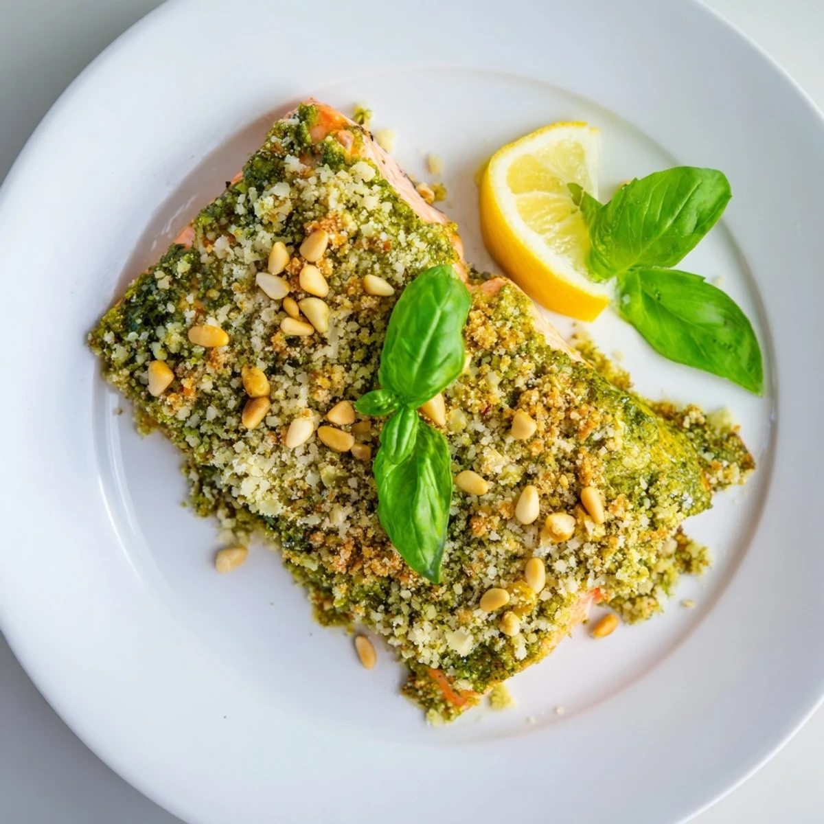 Baked Salmon with Pesto Topping, showcasing flaky salmon fillets with a vibrant pesto crust.