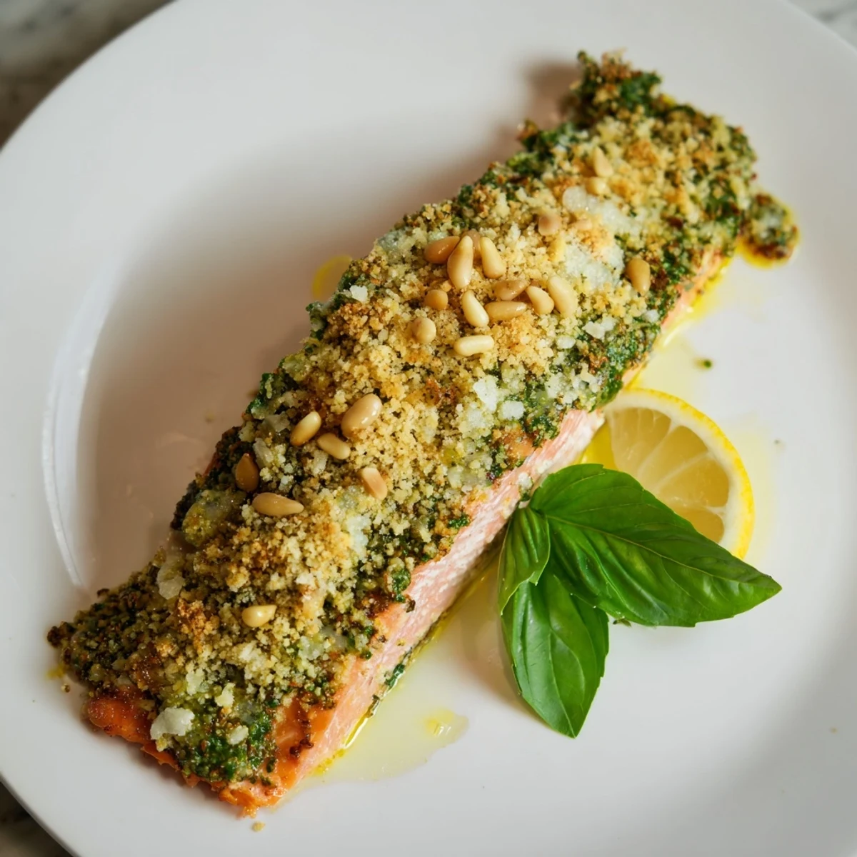 Golden-topped Baked Salmon with Pesto Topping, ready to serve with lemon wedges and fresh basil.